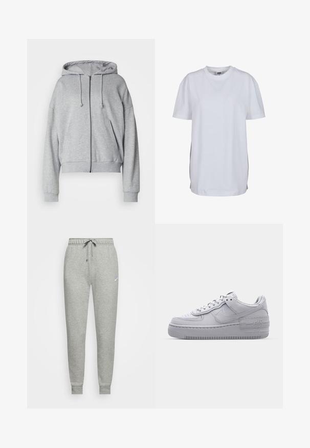 Haut de sweat à capuche zippé gris avec cordon de serrage, coupe décontractée, poches latérales, poignets et ourlet côtelés, fabriqué en tissu doux et respirant.; T-shirt blanc uni à manches courtes avec col rond, ourlet droit et petite étiquette de marque visible à l'intérieur du col.; Pantalon de jogging gris en tissu doux, avec une taille élastique dotée d'un cordon de serrage, des poignets côtelés et un petit logo sur la cuisse gauche.; Basket en cuir lisse gris Nike Air Force 1 avec un bout perforé, une semelle épaisse et un détail 'AIR' en relief sur le talon.