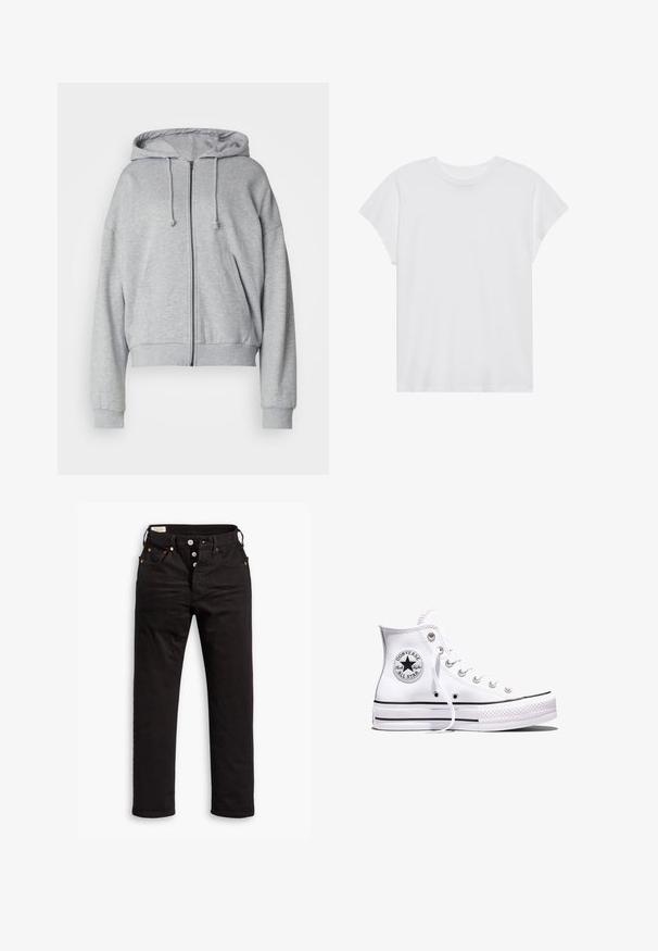Grijze hoodie met rits, met een trekkoord kap, relaxte fit, zijzakken, ribgebreide boorden en onderrand, gemaakt van zachte, vochtafvoerende stof.; Witte t-shirt met korte mouwen, ronde hals, relaxte pasvorm, gemaakt van zacht katoen. Glad textuur, geen patronen of logo's.; Zwarte rechtlopende jeans met knoopsluiting, voor- en achterzakken, en koperen klinknagels op een witte achtergrond.; Witte Converse Chuck Taylor All Star sneaker met hoge schacht, zwarte strepen en logo-patch aan de zijkant, weergegeven tegen een effen witte achtergrond.