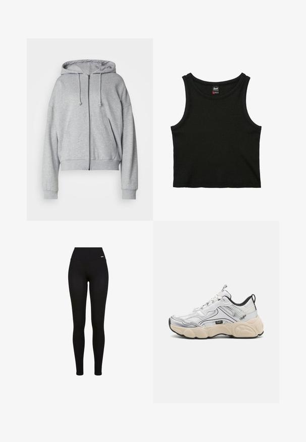 Grijze hoodie met rits, met een trekkoord kap, relaxte fit, zijzakken, ribgebreide boorden en onderrand, gemaakt van zachte, vochtafvoerende stof.; Zwarte geribbelde mouwloze cropped top met ronde halslijn en klein merklipje binnenin de kraag, maat small.; Zwarte leggings met een hoge tailleband, rekbaar materiaal, een soepele textuur en een pasvorm die geschikt is voor casual of sportieve kleding.; Witte sportschoen met mesh- en synthetische panelen, zilveren accenten, een chunky crèmekleurige zool en contrasterende zwarte details. Voorzien van een vetersysteem.
