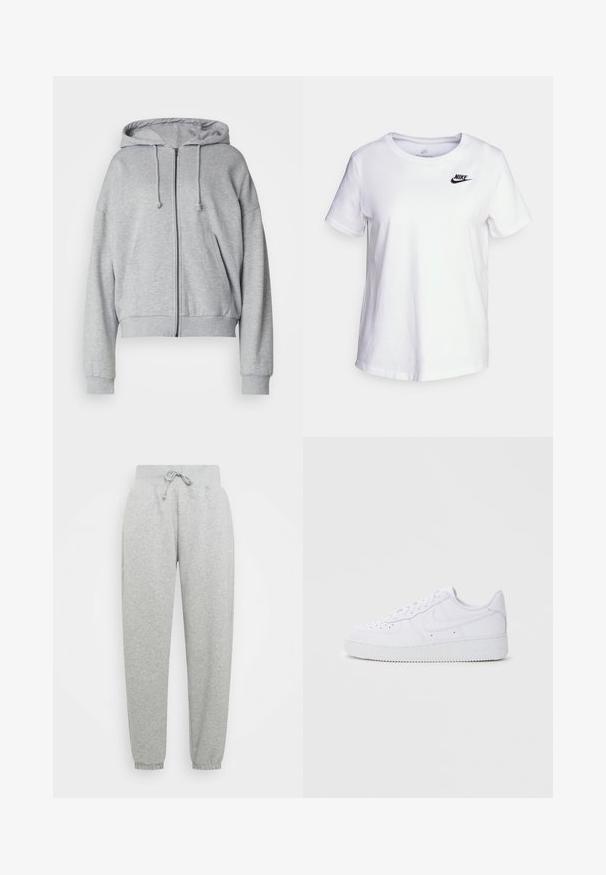 Grijze hoodie met rits, met een trekkoord kap, relaxte fit, zijzakken, ribgebreide boorden en onderrand, gemaakt van zachte, vochtafvoerende stof.; Witte katoenen t-shirt met een ronde halslijn en korte mouwen. Bevat een zwart Nike-logo op de bovenlinker borst.; Grijze sweatpants met elastische tailleband, verstelbare trekkoord en geribbelde manchetten. Gemaakt van zachte stof; heeft twee zijzakken.; Witte Nike Air Force 1 sneakers met een leren bovenwerk, ronde neus, vetersluiting, gewatteerde kraag en textuurrubberzool.