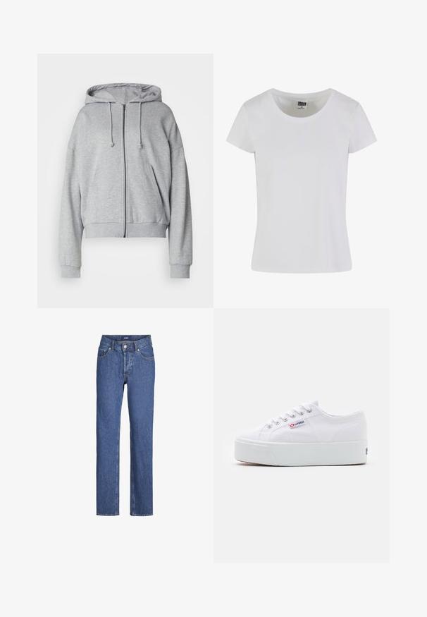 Grijze hoodie met rits, met een trekkoord kap, relaxte fit, zijzakken, ribgebreide boorden en onderrand, gemaakt van zachte, vochtafvoerende stof.; Witte, korte mouwen t-shirt gemaakt van katoen. Heeft een ronde hals en een slim-fit vorm. Etiket zegt "URBAN CLASSICS."; Blauwe denim jeans met een recht gesneden ontwerp, vijf zakken en een sluiting met een frontknop. Heeft contrasterende stiksels en een zachte textuur.; Witte canvas sneaker met een dikke witte platformzool, ronde neus en metalen oogjes voor veters. Merkl logo aan de zijkant weergegeven.