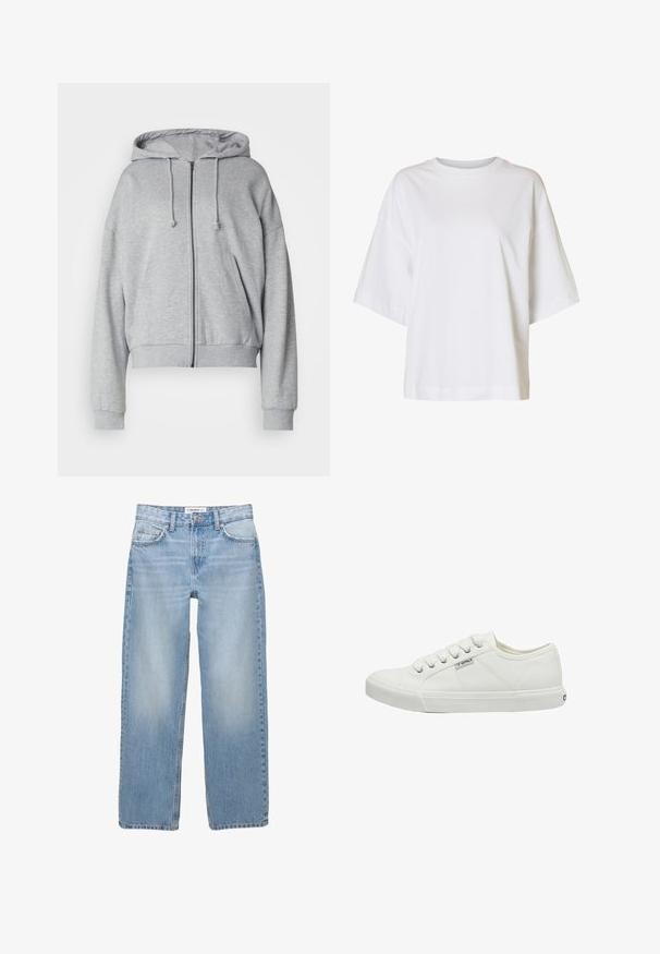 Haut de sweat à capuche zippé gris avec cordon de serrage, coupe décontractée, poches latérales, poignets et ourlet côtelés, fabriqué en tissu doux et respirant.; T-shirt blanc à manches courtes, coupe ample, épaules tombantes et col rond sur un fond uni.; Jean en denim bleu clair avec une coupe droite, style cinq poches et des détails de couture visibles. Le tissu a une texture douce et légèrement décolorée.; Baskets en toile blanches avec bout rond, six œillets, panneaux latéraux texturés et semelle en caoutchouc. Petit logo de la marque sur le côté.