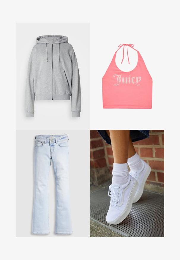 Grijze hoodie met rits, met een trekkoord kap, relaxte fit, zijzakken, ribgebreide boorden en onderrand, gemaakt van zachte, vochtafvoerende stof.; Roze haltertop met strik in de nek en strassletters die "Juicy" aan de voorkant spellen.; Lichtblauwe denim flare jeans met hoge taille, voorzien van een knoopsluiting, vijf zakken en subtiele wassing bij de heupen.; Witte canvas sneakers met rubberen zolen, voorzien van zes vetertjes, een ronde neus en lichte stikdetails, gecombineerd met witte enkelsokken.