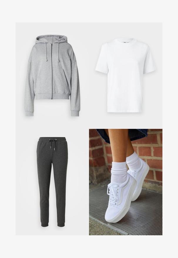 Grijze hoodie met rits, met een trekkoord kap, relaxte fit, zijzakken, ribgebreide boorden en onderrand, gemaakt van zachte, vochtafvoerende stof.; Witte katoenen T-shirt met ronde hals, korte mouwen en een gladde textuur. Ontworpen met een comfortabele en veelzijdige relaxte pasvorm.; Donkergrijze sweatpants van zacht materiaal, met een elastische tailleband met trekkoord, taps toelopende broekspijpen en enkelmanchetten.; Witte canvas sneakers met rubberen zolen, voorzien van zes vetertjes, een ronde neus en lichte stikdetails, gecombineerd met witte enkelsokken.
