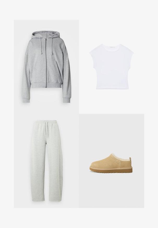 Grijze hoodie met rits, met een trekkoord kap, relaxte fit, zijzakken, ribgebreide boorden en onderrand, gemaakt van zachte, vochtafvoerende stof.; Witte cropped T-shirt met korte mouwen en een ronde hals, gemaakt van gladde stof, plat neergelegd op een witte achtergrond.; Lichtgrijze joggingbroek met een elastische tailleband en trekkoord. De stof heeft een zachte textuur en rechtvallende, losse pijpen.; Suède instap schoenen in licht bruin, met een zachte bontvoering en een gemeleerde rubberen zool met een lichte hak en een trekhaakje aan de achterkant voor gemakkelijk aan- en uittrekken.