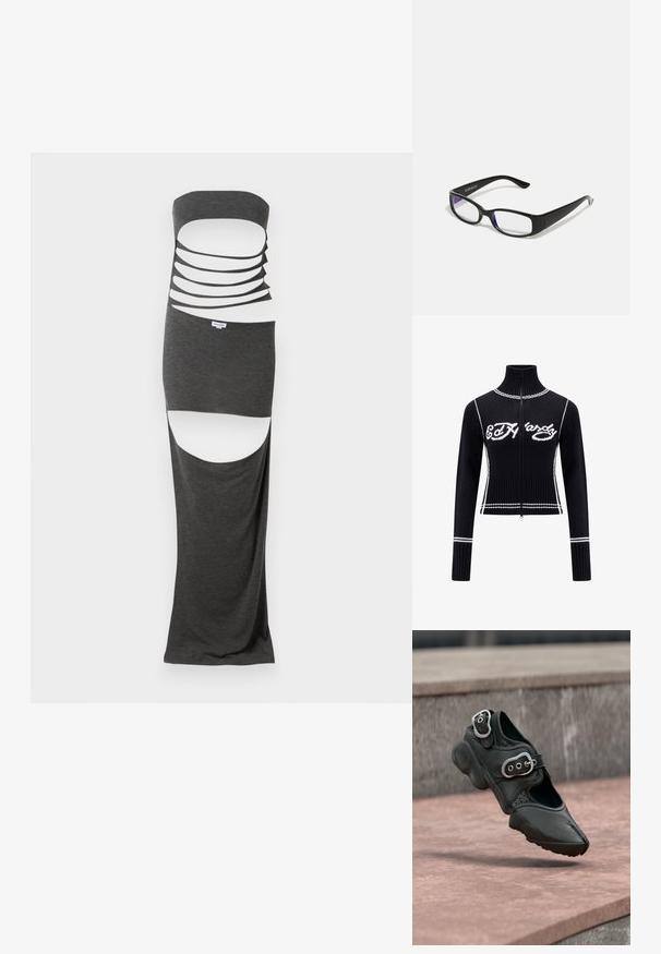 Sort strikket zip-up sweater med højt krave. Udstyret med hvide accenter og "Ed Hardy" logoet i hvidt hen over brystet. Cropped design.; Maxi kjole i mørkegråt stof med et strapless design, der har flere horisontale udskæringer og sideslids. Glat tekstur.; Sort sko med delt tå og to sølvspændere, tyk sål og perforerede detaljer, svævende over en stenovertagelse.; Sorte rektangulære briller med klare linser. Blank finish, smalle stænger, og lilla nuance synlig i kanterne af linsen.