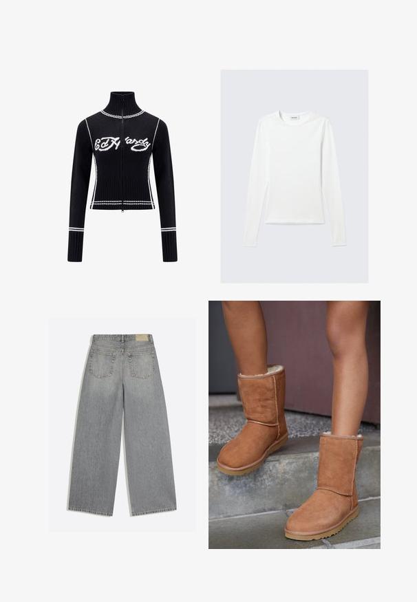 Sort strikket zip-up sweater med højt krave. Udstyret med hvide accenter og "Ed Hardy" logoet i hvidt hen over brystet. Cropped design.; Langærmet, enkel hvid T-shirt med rund halsudskæring og tætsiddende pasform, vist mod en lysegrå baggrund.; Grå vidbenede denimjeans der viser bagsiden med to lommer og bæltestropper lagt fladt på hvid baggrund.; Brune ruskind ankelstøvler med rund tå, blødt foer og gummisål, der har synlige stikninger langs sømmene.