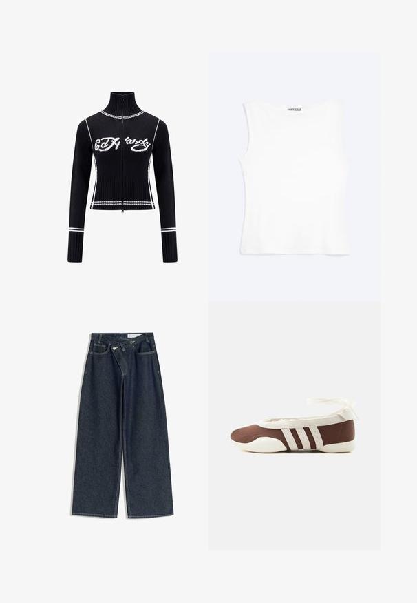Sort strikket zip-up sweater med højt krave. Udstyret med hvide accenter og "Ed Hardy" logoet i hvidt hen over brystet. Cropped design.; Hvid tætsiddende ærmeløs tanktop med rund halsudskæring og minimalistisk design, mærket "WEEKDAY" indeni kraven.; Vidbenede mørkeblå cowboybukser med dobbelt knaplukning, forlommer og synlig hvid syning, mærket Bershka.; Brun og hvid balletflad sko med tre hvide striber og ankelbånds sløjfe på en ensartet lys baggrund.