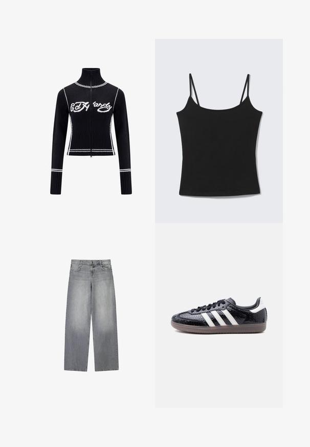Sort strikket zip-up sweater med højt krave. Udstyret med hvide accenter og "Ed Hardy" logoet i hvidt hen over brystet. Cropped design.; Sort ærmeløs cropped tanktop med tynde skulderstropper og en lige halsudskæring på en lysegrå baggrund.; Bredde-grå denim jeans med en let falmet finish, der har fem lommer, lukning med knap foran og bæltestropper.; Lavprofils sort sneaker med tekstureret slangeskindsmønster, hvide striber på siden, sorte snørebånd og en gennemsigtig brun sål.