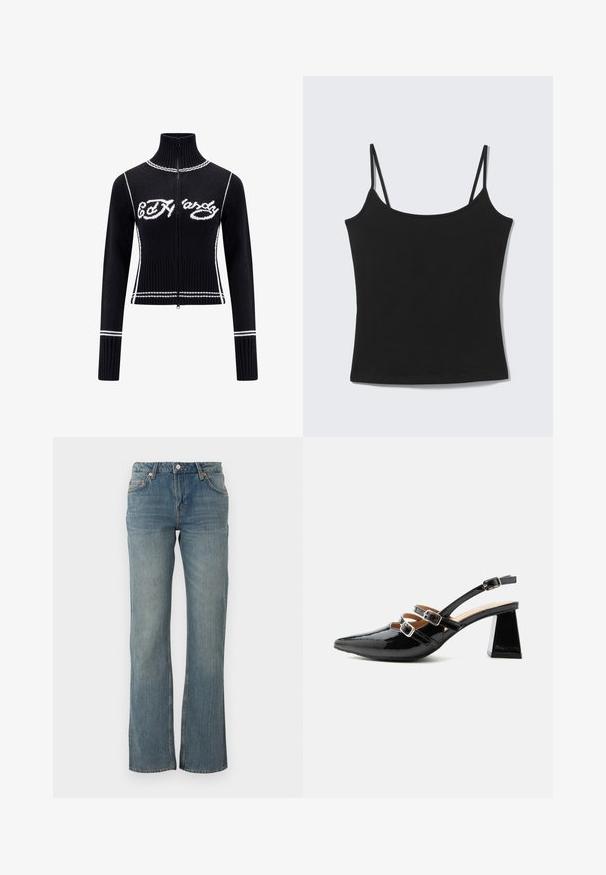 Jersey de punto negro con cremallera y cuello alto. Presenta acentos blancos y el logotipo "Ed Hardy" en blanco en el pecho. Diseño cropped.; Top corto negro sin mangas con tirantes delgados y escote recto sobre fondo gris claro.; Los pantalones vaqueros de denim azul claro presentan un corte recto, un diseño de cinco bolsillos y detalles de metal en color cobre. La tela tiene un acabado ligeramente texturizado.; Tacón slingback de charol negro con dos cintas delanteras con hebilla y un tacón grueso y acampanado de 6 cm sobre un fondo claro y liso.