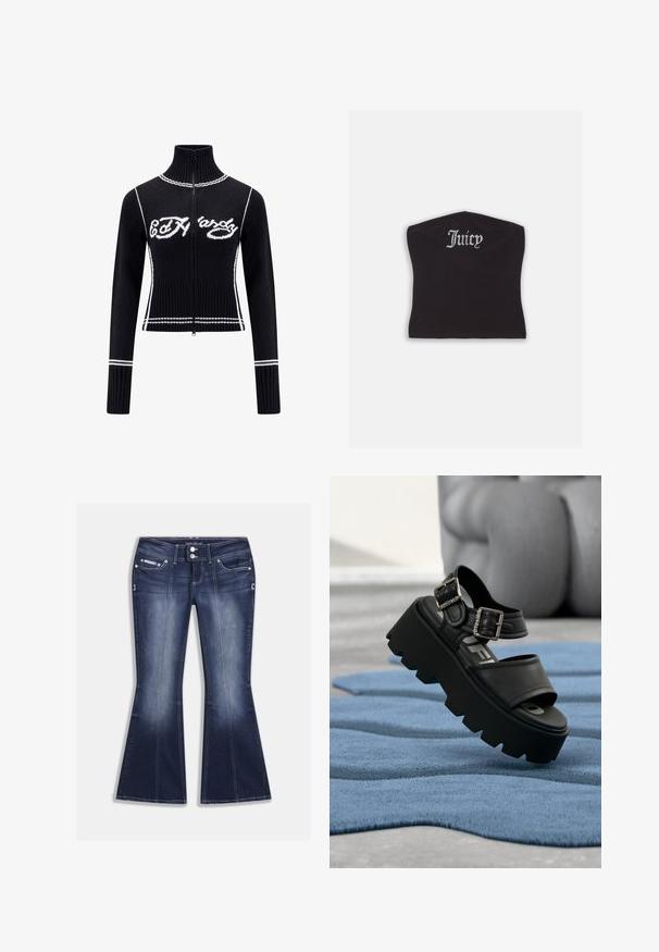 Zwarte gebreide hoodie met hoge kraag. Voorzien van witte accenten en het "Ed Hardy"-logo in wit over de borst. Verkorte ontwerp.; Zwarte fitted crop top met een gladde textuur en een ronde halslijn, versierd met strasstenen letters die "Juicy" op de voorkant spellen.; Donkerblauwe wijde spijkerbroek van denim, met vijf zakken, contraststiksels en een knoopsluiting met decoratieve accenten aan de voorkant.; Zwarte chunky platform sandaal met twee zilveren gespen op een blauw gestructureerd tapijt, op de achtergrond een wazige grijze sculptuur.