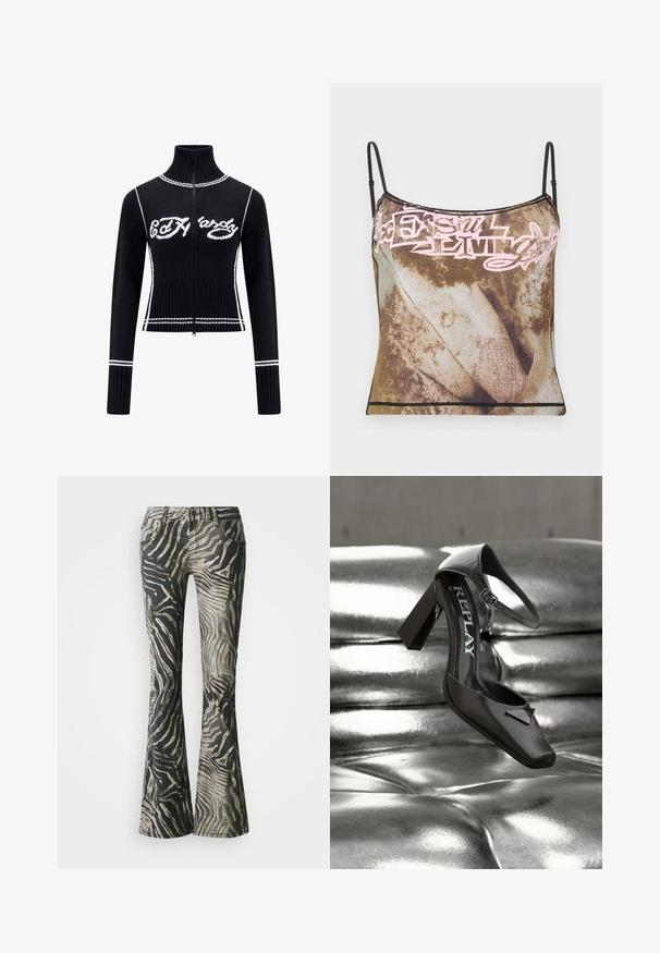 Sort strikket zip-up sweater med højt krave. Udstyret med hvide accenter og "Ed Hardy" logoet i hvidt hen over brystet. Cropped design.; Brun og beige tie-dye camisole med tynde, sorte justerbare stropper og lyserødt abstrakt tekstdesign over brystet.; Bredde jeans i et sort og beige zebra mønster, fremstillet af denim materiale, med fem-lomme design og synlige syninger.; Sort læder højhælet sko med ankelrem og "REPLAY" mærke, vist på en skinnende, metallisk sølv tuftet overflade.
