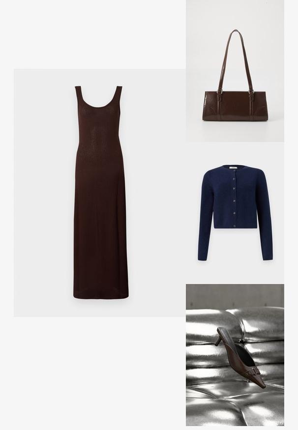 JDY JDYCHLOE L/S CARDIGAN KNT NOOS - Kardigán - night sky; Hnedé rebrové maxi šaty s vykrojeným výstrihom a bezrukávovým dizajnom, so priliehavou siluetou a hladkým povrchom.; Hnedý mule s podpätkom a špicatou špičkou, ozdobený prackou, levitujúci nad lesklým strieborným čalúneným koženým povrchom s gombíkmi.; Hnedá lakovaná kožená kabelka s obdĺžnikovým tvarom, dvoma dlhými rúčkami a jemne zakrivenými akcentami na prednej strane.