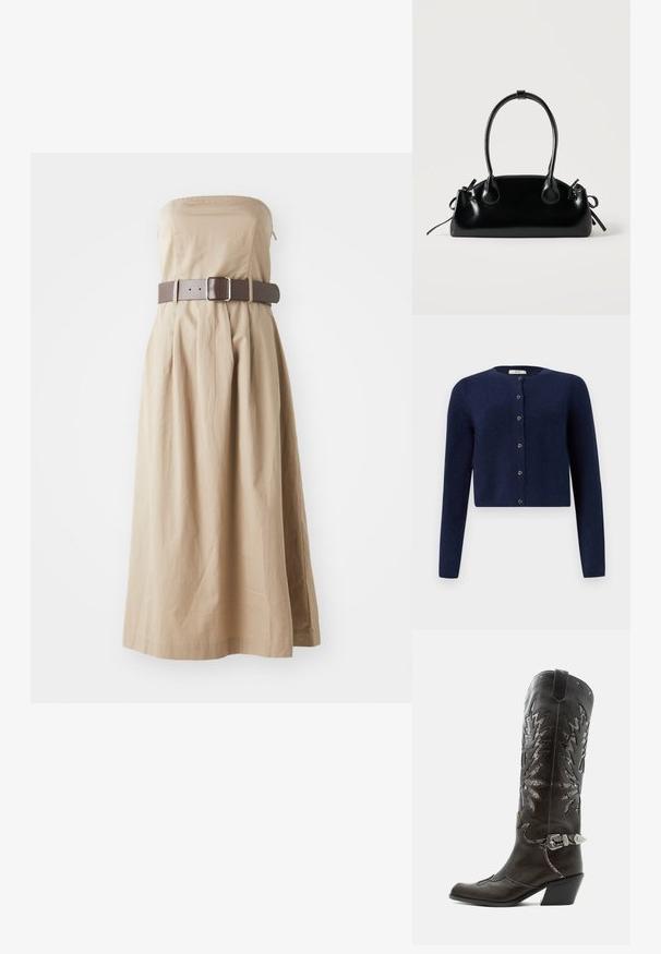 JDY JDYCHLOE LIFE CARDIGAN - Chaqueta de punto - night sky; Vestido maxi beige sin tirantes con un corsé ajustado, falda fruncida y un cinturón ancho marrón con hebilla cuadrada. Fabricado en un tejido ligero.; Bota cowboy de cuero negro con recortes decorativos, hebilla plateada y tacón inclinado, presentada sobre fondo blanco.; Pequeño bolso negro brillante con dos asas largas y detalles de cordón lateral sobre un fondo claro liso.