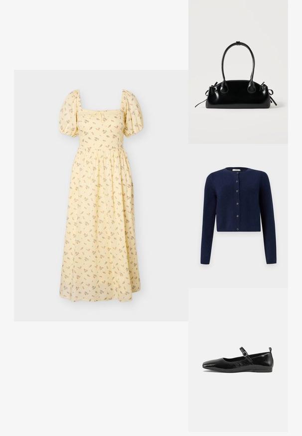 JDY JDYCHLOE L/S CARDIGAN KNT NOOS - Cardigan - night sky; Gul midi-kjole med pufærmer, firkantet udskæring, delikat blomsterprint og rynket talje.; Sorte patentlæder flade sko med spidse tæer, en ankelrem med spænde og en glat, blank tekstur. Lav hæl for komfort.; Lille sort blank håndtaske med to lange håndtag og snøre-detaljer i siden på en ensfarvet lys baggrund.