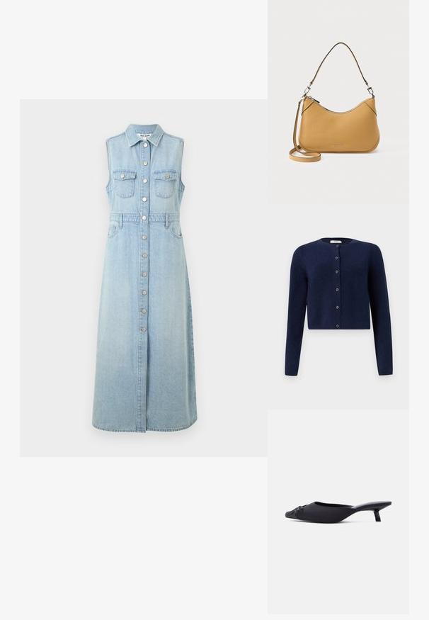 JDY JDYCHLOE LIFE CARDIGAN - Strickjacke - night sky; Jeanskleid ohne Ärmel, hellblau, mit Knopfleiste, zwei Brusttaschen, taillierter Taille und einem langen, geraden Rock.; Schwarzer Mule-Schuh für Frauen mit spitz zulaufender Schuhspitze, Obermaterial aus Stoff, kleinem Kitten-Heel und einer dekorativen Schleife vorne, seitlich dargestellt.; Handtasche aus braunem Leder von Michael Kors mit kurzem Griff und abnehmbarem langem Riemen, vor weißem Hintergrund.