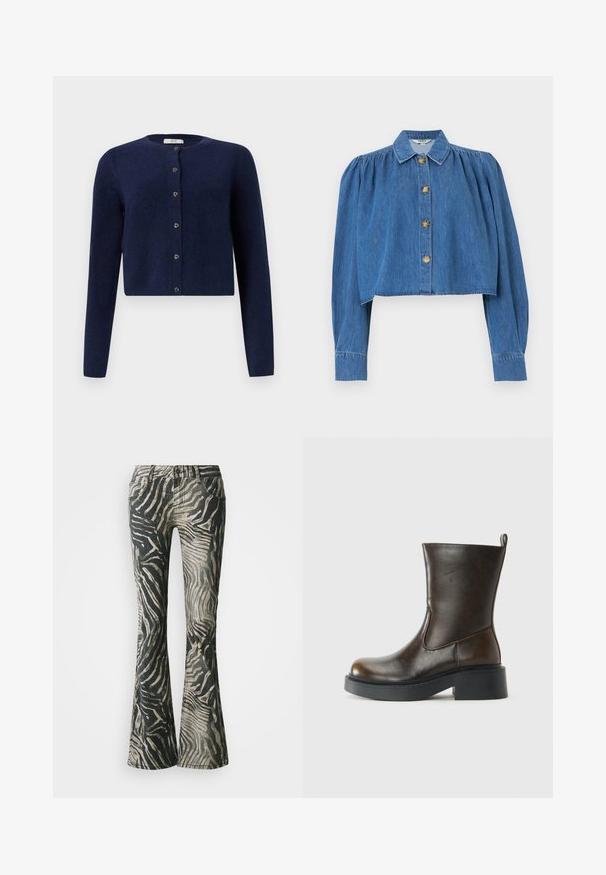 JDY JDYCHLOE LIFE CARDIGAN - Gilet - night sky; Veste en denim bleu courte avec manches longues bouffantes, fermeture à boutons sur le devant et col classique.; Jean évasés avec un motif zèbre noir et beige, en denim, dotés d'un design à cinq poches et de détails de couture visibles.; Botte en cuir marron foncé jusqu'au mollet avec un bout rond, épaisse semelle noire, petit talon block, et une languette à l'arrière.