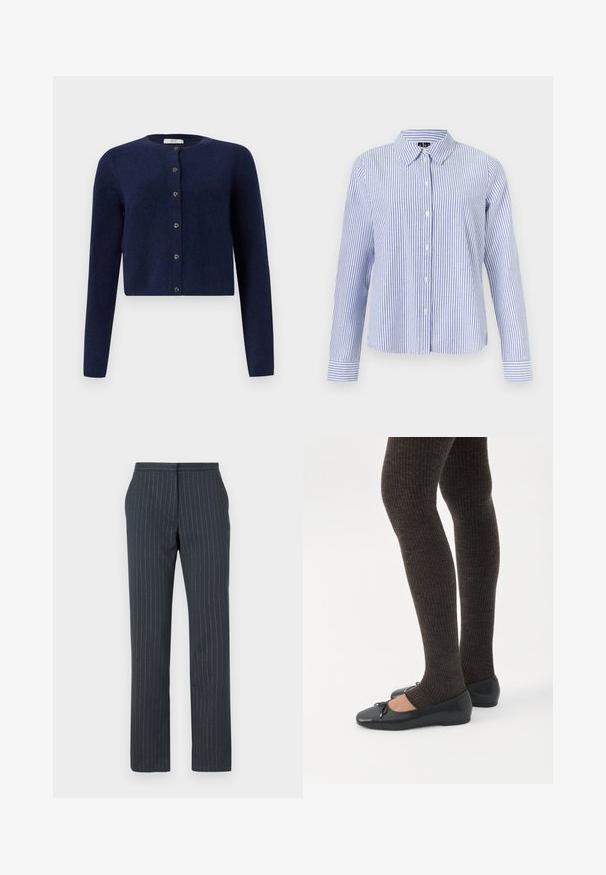 JDY JDYCHLOE L/S CARDIGAN KNT NOOS - Cardigan - night sky; Langærmet skjorte med knapper med hvide og lyseblå lodrette striber og en spids krave vist på en ensfarvet baggrund.; Mørkeblå bukser med lodrette striber, skræddersyet design, glat tekstur, lige ben og standard talje.; Ben iført mørke ribbede leggings kombineret med sorte balletsko med små sløjfedetaljer på hvid baggrund.
