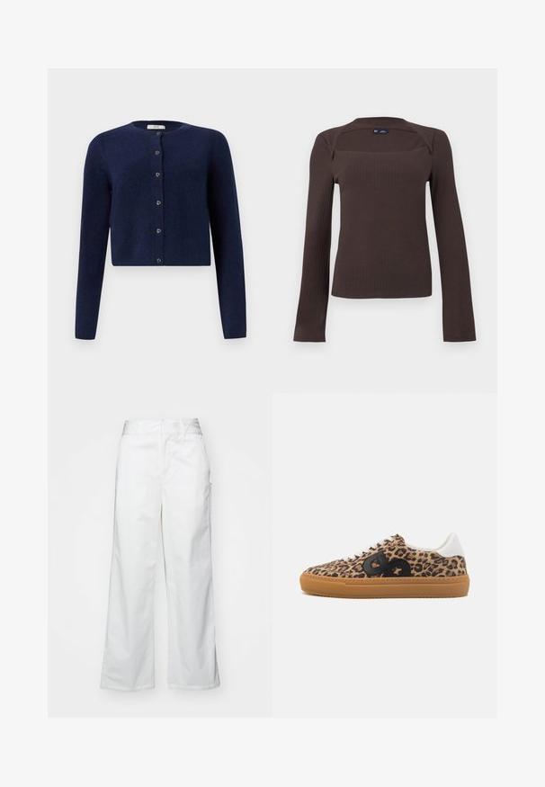 JDY JDYCHLOE LIFE CARDIGAN - Kardigan - night sky; Tumepruun soonikkoega pikkade varrukatega pluus ruudukujulise kaelusega ja kergelt kraega detailiga, sildistatud suurusega small brändilt GAP, esitatud ühevärvilisel taustal.; Valged laiad püksid, mis on valmistatud puuvillast, omavad siledat tekstuuri, sirget lõiget, eesmine taskud ja puhtad äärised.; Leopardimustriga tossud, millel on must logo, valged aktsendid ja kummist tallad. Valmistatud tekstureeritud kangast. Madala lõikega disain.