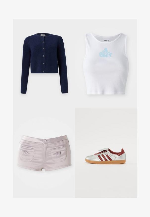 JDY JDYCHLOE L/S CARDIGAN KNT NOOS - Cardigan - night sky; Hvid ribbet crop top med rund halsudskæring og et lyseblåt "OBEY" logo centreret på brystet. Glat tekstur og tætsiddende design.; Lyse lilla shorts lavet af glat, blankt stof, med to baglommer og en frontlukkemekanisme med flad talje.; Sølv atletiske sko med røde striber, en struktureret gummisål og en Velcro-strop på toppen. Har en glat læderfinish og polstret krave.