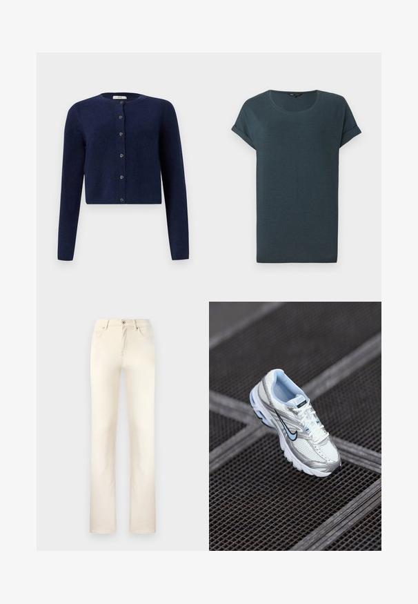 JDY JDYCHLOE LIFE CARDIGAN - Kardigan - night sky; Tumehall lühikeste varrukate ja ümmarguse kaelusega T-särk, pehme tekstuuriga ja rullitud varrukatega, millel on lihtne ja ilma kaunistusteta disain.; Bežid denim püksid klassikalise sirge jala disainiga. Omab viit taskut, lukku ning õmbluste ääres peent tikandit.; Valge võrkmaterjalist sportlik king, millel on hõbedased aktsendid, helesinine õmblus ja must swoosh logo. Omab pehmendustega krae ja tekstuurset tallat.