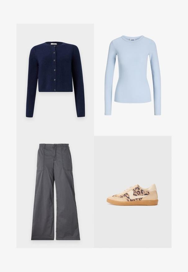 JDY JDYCHLOE LIFE CARDIGAN - Cardigan - night sky; Lyseblå, langærmet ribstrikket top med rund halsudskæring og tætsiddende pasform.; Grå vidde bukser med en glat tekstur, der har forlommer, knaplukning og syede detaljer langs sømmene.; Leopardprint sneakers med beige ruskindsoverdel, tan gummisål og hvide detaljer. Rund pegefinger og snørebåndsdesign med en tekstureret finish.