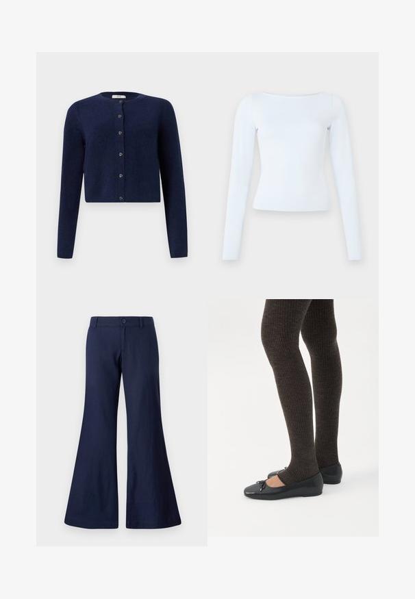 JDY JDYCHLOE LIFE CARDIGAN - Gilet - night sky; Haut ajusté à manches longues, bleu clair, avec un décolleté bateau et un design simple et épuré sur un fond uni.; Pantalons évasés bleu marine en coton, dotés d'une fermeture à boutons, de passants de ceinture et d'une texture lisse avec des ouvertures de jambe larges.; Jambes portant des leggings côtelés foncés associés à des ballerines noires avec de petits détails en nœud sur fond blanc.