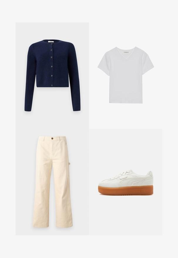 JDY JDYCHLOE LIFE CARDIGAN - Gilet - night sky; T-shirt blanc à manches courtes en V, en tissu côtelé. Présente un design épuré avec un ourlet droit et un minimum de détails.; Pantalons larges beiges en coton avec fermeture à bouton, comportant des poches latérales et un design épuré et minimal.; Baskets basses blanches avec semelle épaisse en caoutchouc marron, détail coutures sur les côtés et fermeture à lacets avec petite bride en Velcro.