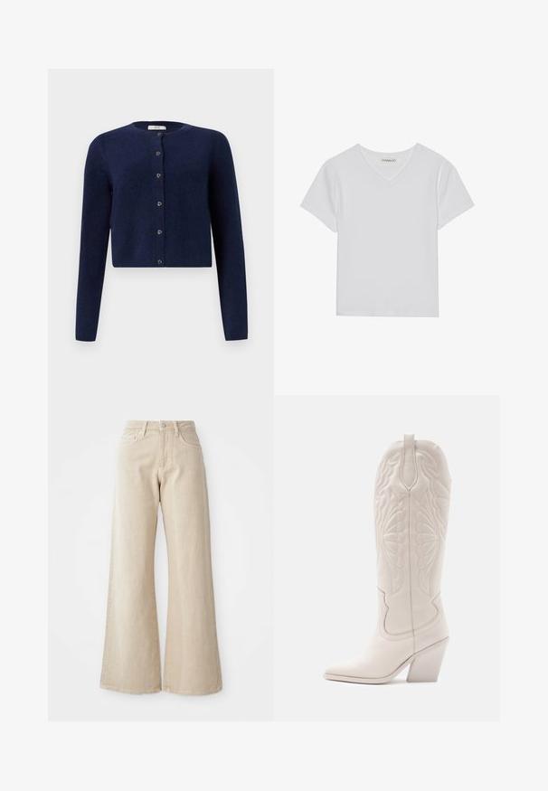 JDY JDYCHLOE LIFE CARDIGAN - Strickjacke - night sky; Weißes kurzärmliges V-Ausschnitt-T-Shirt aus Rippstoff. Es zeichnet sich durch ein sauberes Design mit geradem Saum und minimalen Details aus.; Beige weit geschnittene Jeans aus Denim, mit hoher Taille, Fronttaschen und einem schlichten Design ohne Muster oder Akzente.; Weiße Leder-Cowboystiefel mit spitzer Zehe und blockiertem Absatz. Sie verfügen über aufwendige Steppmuster am Schaft und eine glatte Textur.