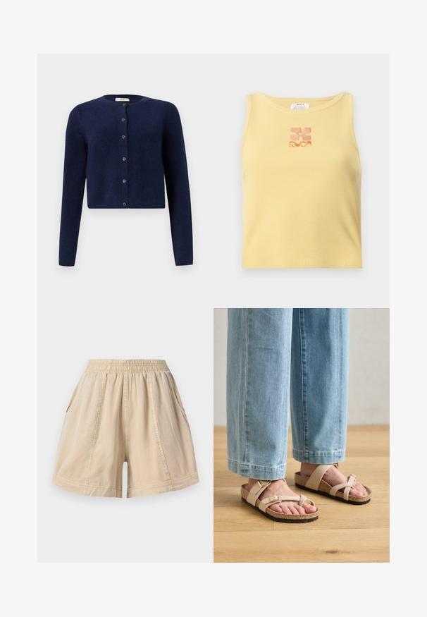 JDY JDYCHLOE LIFE CARDIGAN - Cardigan - night sky; Gul ribbet tanktop med et lille, broderet blomsterlogo i orange i midten. Enkelt design uden ærmer med rund udskæring.; Beige elastiske shorts med sidelommer og synlige sømlinjer, lavet af letvægtsstof.; Beige korksandaler med justerbare stropper, flad sål og tekstureret fodseng, båret med lyseblå denimbukser. Trægulv som baggrund.