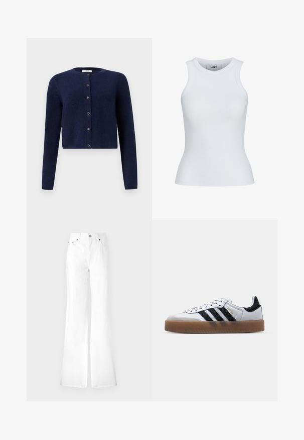 JDY JDYCHLOE L/S CARDIGAN KNT NOOS - Cardigan - night sky; Hvid ribbet tanktop med en rund udskæring og ærmeløst design. Har en slim fit og blød tekstur, velegnet til lagpåsætning.; Hvide denim flared jeans med høj talje, fem lommer og metalknaplukning. Glat tekstur, enkelt design; lige ben der smalner ind ved kanten.; Hvide lædersneakers med sorte striber, gummirubber sål, rund tå, snørelukning og blød grå ruskinds tåhætte.