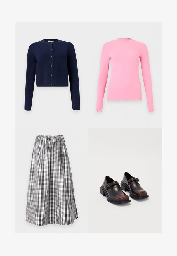 JDY JDYCHLOE LIFE CARDIGAN - Gilet - night sky; Haut rose à manches longues en maille côtelée avec bords volantés au col, aux poignets et à l’ourlet, présenté sur un fond clair uni.; Jupe longue en ligne A avec motif vichy noir et blanc et taille élastique avec cordon de serrage.; Chaussures à talons carrés en cuir avec une finition bordeaux foncé brillante, dotées d'une sangle avec boucle et d'un design à bout arrondi. Semelle texturée pour une meilleure adhérence.
