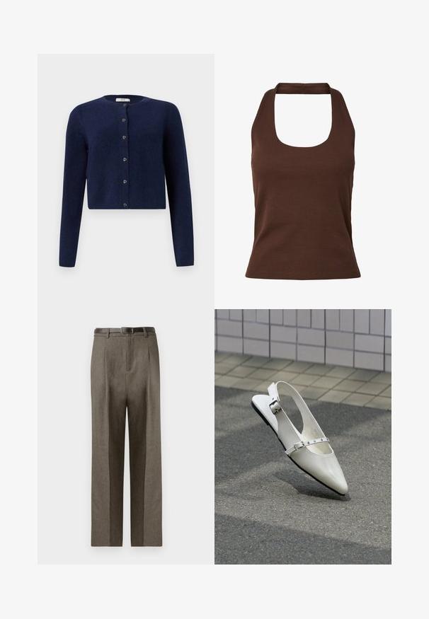 JDY JDYCHLOE LIFE CARDIGAN - Vest - night sky; Bruin geribd mouwloos haltertopje met vierkante halslijn en nauwsluitende taille.; Bruine op maat gemaakte broeken met een rechte snit, met een gladde textuur, riemlussen en een platte voorkant.; Witte puntige slingback platte schoen met twee zilveren gespen, getoond buiten op een getextureerde ondergrond en betegelde muur als achtergrond.
