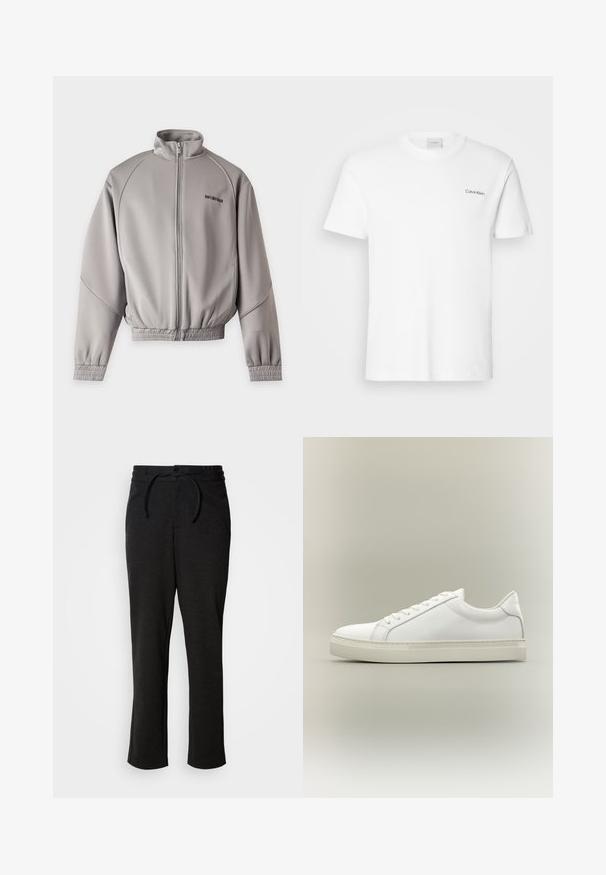 Veste zippée gris clair avec col montant, manches longues, poignets et bas élastiques, et petit texte noir sur la partie supérieure gauche de la poitrine.; T-shirt en coton blanc à manches courtes et col rond. Présente un petit logo noir "Calvin Klein" sur la poitrine gauche.; Pantalons en tricot noirs avec un waistband à cordon de serrage, coupe droite et poches latérales. Texture douce avec une finition lisse.; Baskets blanches basses à lacets sur l’avant et semelle épaisse, vues de côté sur un fond neutre.