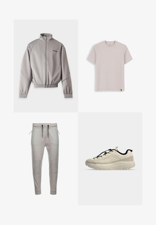 Veste zippée gris clair avec col montant, manches longues, poignets et bas élastiques, et petit texte noir sur la partie supérieure gauche de la poitrine.; T-shirt simple beige clair à manches courtes avec col rond et petite étiquette de marque noire à l'ourlet inférieur sur fond blanc.; Pantalons jogger gris clair en tissu doux avec une taille élastique, cordons de serrage noirs, poches latérales zippées et poignets côtelés aux chevilles.; Baskets beige clair Armani Exchange avec lacets noirs, semelle épaisse, embout en daim et détails du logo sur le côté et la semelle.