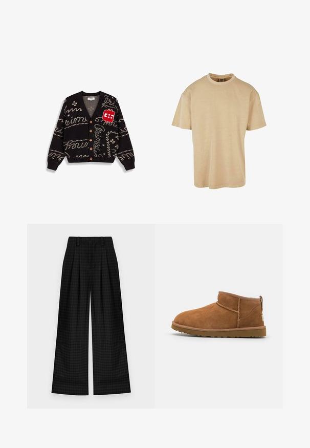 Schwarzer Strickcardigan mit beigen Mustern und Grafiken, einschließlich eines roten Dollarzeichen-Patches. Mit V-Ausschnitt und braunen Knöpfen.; Urban Classics OVERSIZED GARMENT DYE TEE - T-Shirt basic - unionbeige; Schwarz karierte weite Hosen mit Falten, die eine glatte Textur und ein klassisches Design bieten. Leichter Stoff für Komfort.; Hellbraune Wildleder-Stiefelette mit runder Zehenform, dezenten Nähdetails und einer strukturierten Gummisohle. Kurze Höhe ohne Schnürsenkel.