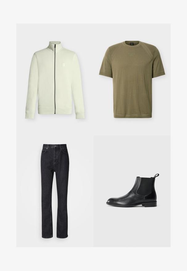 Veste polaire écrue à fermeture éclair avec col montant, manches longues et petit logo embossé sur la poitrine gauche.; Chemise en tricot vert olive à manches courtes avec col et poignets côtelés, arborant le logo "Porsche BOSS" brodé sur la poitrine.; Jean en denim noir taille haute avec fermeture à bouton et à glissière, poches avant et arrière, et coupe droite.; Bottine en cuir noir avec des panneaux latéraux élastiques, bout rond et tirette. Texture lisse, semelle plate, design minimaliste.