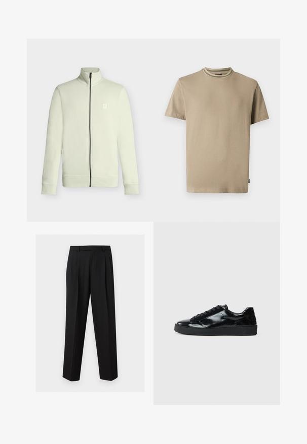 Veste polaire écrue à fermeture éclair avec col montant, manches longues et petit logo embossé sur la poitrine gauche.; T-shirt beige à manches courtes et col rond avec détail de col côtelé rayé, vu de face sur fond blanc uni.; Pantalon noir sur mesure avec jambes droites, plis à la taille, passants de ceinture et poches latérales fendues, présenté sur un fond uni.; Baskets en cuir verni noir avec un bout arrondi, un laçage, une semelle en caoutchouc texturé et une finition lisse.