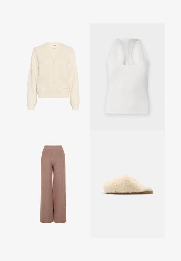Cremefarvet cardigan lavet af blødt materiale, med v-hals, knaplukning, lange ærmer og to forreste lommer.; Hvid ærmeløs top lavet af blødt stof, med rund halsudskæring og racerback-design, glat tekstur og ingen synlige mønstre.; Brune, vide strikkede bukser med et tekstureret stof, der har en elastisk talje og en løs pasform for komfort.; Shepherd Hjemmesko - creme