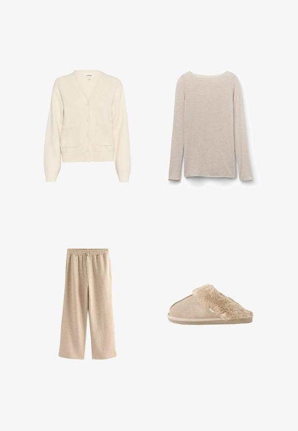 Cremefarvet cardigan lavet af blødt materiale, med v-hals, knaplukning, lange ærmer og to forreste lommer.; Lyserød langærmet t-shirt med afslappet rund halsudskæring, lavet af blødt stof med en subtil meleret tekstur.; Cremefarvede breddebenede bukser lavet af blødt bomuldsblandingsstof. Har en elastisk talje med snor og en subtil plettet tekstur.; Beige slip-on tøfler med blødt ruskind yderside og blødt, fluffy inderfor og manchet, designet til komfort indendørs.