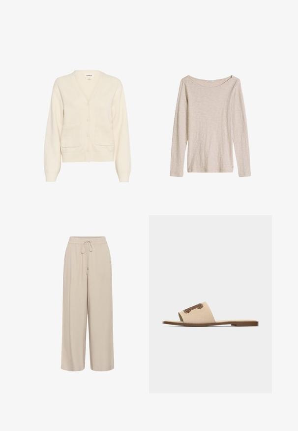 Cremefarvet cardigan lavet af blødt materiale, med v-hals, knaplukning, lange ærmer og to forreste lommer.; Beige langærmet tætsiddende skjorte med en bred rund halsudskæring og subtilt tekstureret stof, vist på en hvid baggrund.; Beige bukser med vide ben, elastisk talje og snøre, sidelommer og en afslappet pasform.; Beige slidssandal med flad sål og bred stofrem med et brunt dekorativt emblem på toppen.