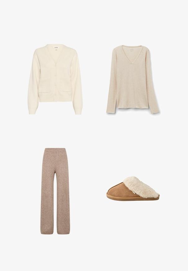 Cremefarvet cardigan lavet af blødt materiale, med v-hals, knaplukning, lange ærmer og to forreste lommer.; Langærmet V-hals top i lys beige stof med en blød tekstur. Afslappet pasform med lige kant og minimalistisk design.; Strikkede bukser med vidde i en lys brune nuance med en ribbet talje og ribkant. Bukserne har et blødt, tekstureret stof. Ingen synlige lommer.; Brun slip-on tøffel med blød beige imiteret pelsforing og sål, vist fra siden på hvid baggrund.