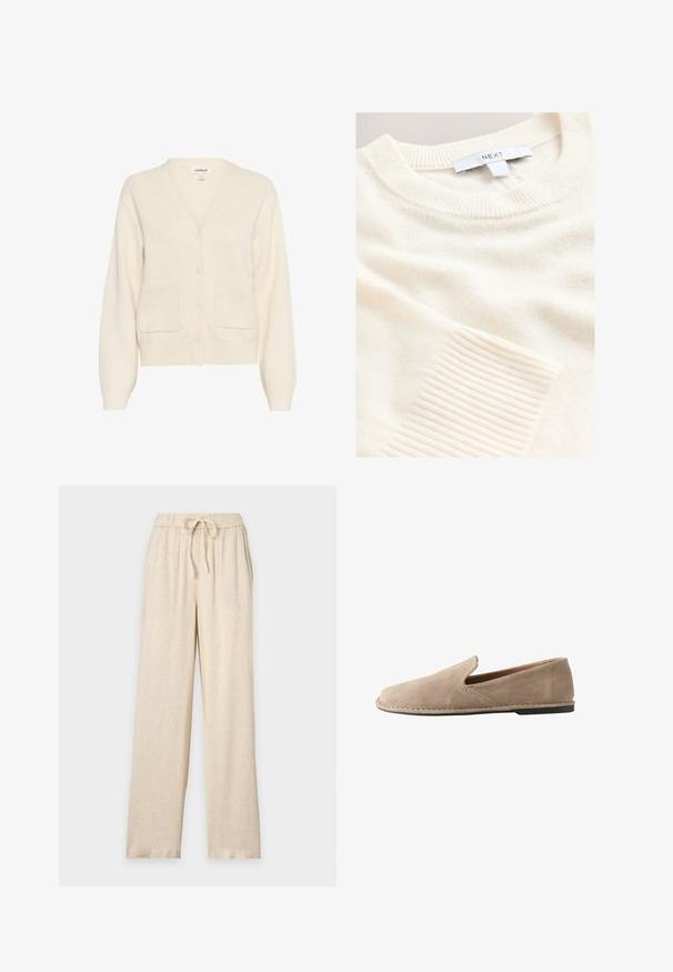 Cremefarvet cardigan lavet af blødt materiale, med v-hals, knaplukning, lange ærmer og to forreste lommer.; Strikket sweater i cremefarve med ribkant ved hals og ærmer. Fremstillet af blødt materiale med en diskret tekstur over det hele.; Beige bukser med vide ben, elastisk talje og bindebånd, lavet af et let tekstureret stof.; Beige ruskind slip-on loafers med rund tå, lav flad hæl, syet sål og elastisk sideindsats for nem påtagning.