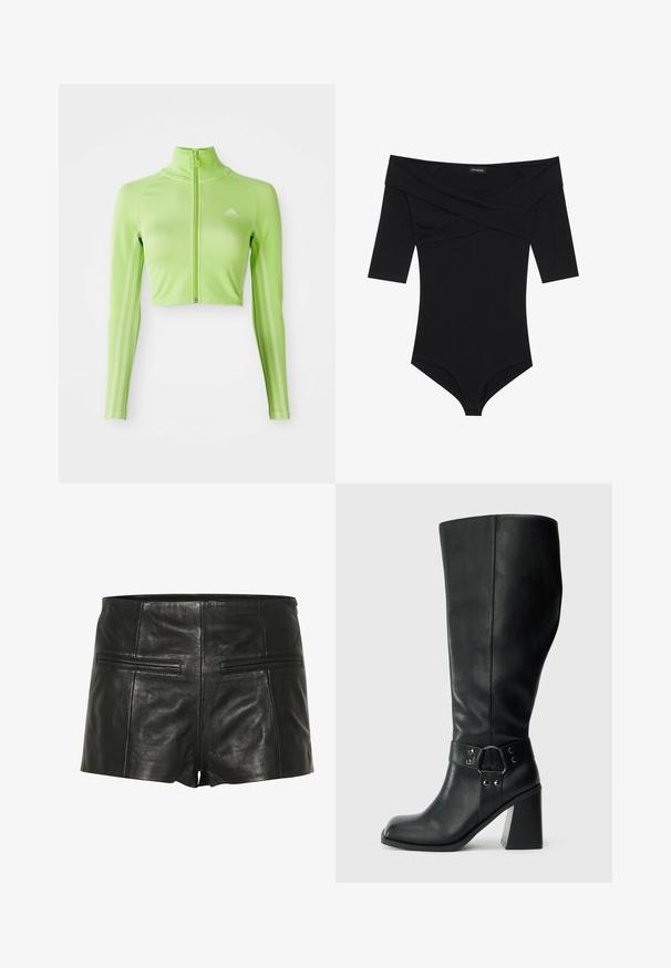 Neon groene langslavage crop athletisch top met rits aan de voorkant, hoge kraag, Adidas-logo op de linkerborst en drie strepen langs de mouwen.; Zwarte body met een off-the-shoulder halslijn, 3/4 mouwen en een aansluitend ontwerp. Gemaakt van zachte, gladde stof met minimale naden.; Zwarte leren shorts met een gladde textuur, voorzien van twee achterzakken en een getailleerd ontwerp. Korte lengte, minimale stiksels.; Kniehoge zwarte leren laarzen met een vierkante neus, brede hak en een decoratieve band met metalen accenten rond de enkel. Gladde textuur.