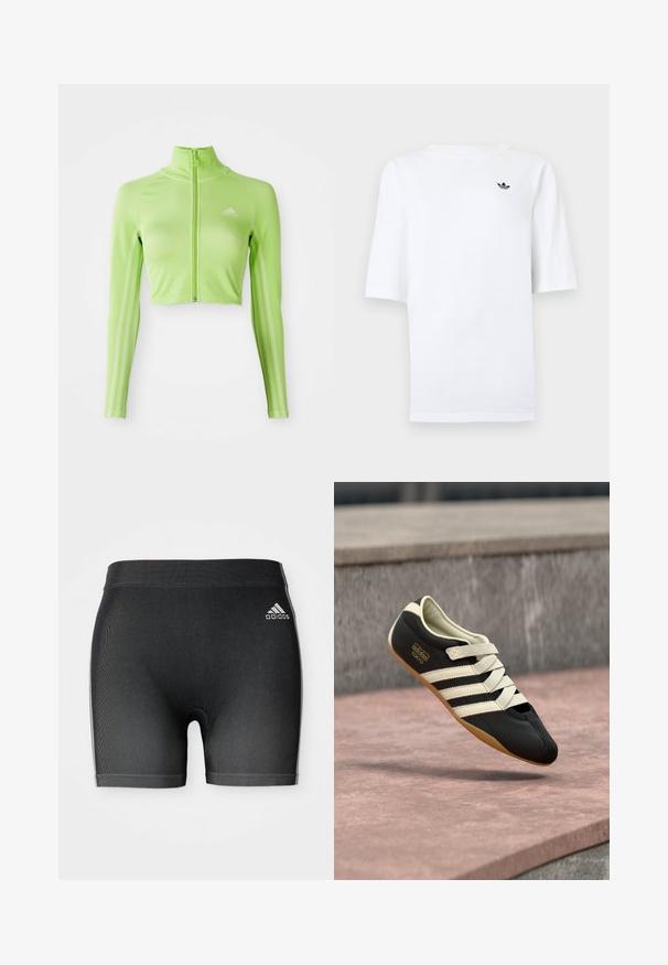 Neon groene langslavage crop athletisch top met rits aan de voorkant, hoge kraag, Adidas-logo op de linkerborst en drie strepen langs de mouwen.; Wit Adidas T-shirt met korte mouwen en een klein zwart trefoil-logo op de linkerborst.; Zwarte sportieve shorts van een textuurstof, met een elastische tailleband en een klein wit Adidas-logo aan de bovenlinke kant.; Zwart sportschoen met crèmekleurige strepen en veters, met een laag profiel, gladde textuur en een rubberen zool voor grip. Merkenlabel zichtbaar.