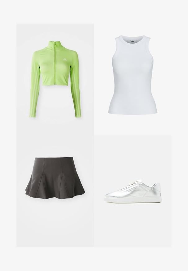 Neón zelený dlhý rukávový skrátený športový top s predným zipsom, vysokým golierom, logom Adidas na ľavej hrudi a tromi pruhmi pozdĺž rukávov.; Biely rebrovaný tielko s okrúhlym výstrihom a bezrukávovým dizajnom. Vyznačuje sa priliehavým strihom a mäkkou textúrou, ideálne na vrstvenie.; Čierna rozšírená sukňa s priliehavým pásom, zdobená vertikálnymi švami a hladkou textúrou. Spodný lem je jemne zakrivený a končí nad stredom stehna.; Nízky metalický strieborný teniska s bielou podrážkou a šnúrkami, hladkou textúrou a jemným reliéfnym logom na boku.