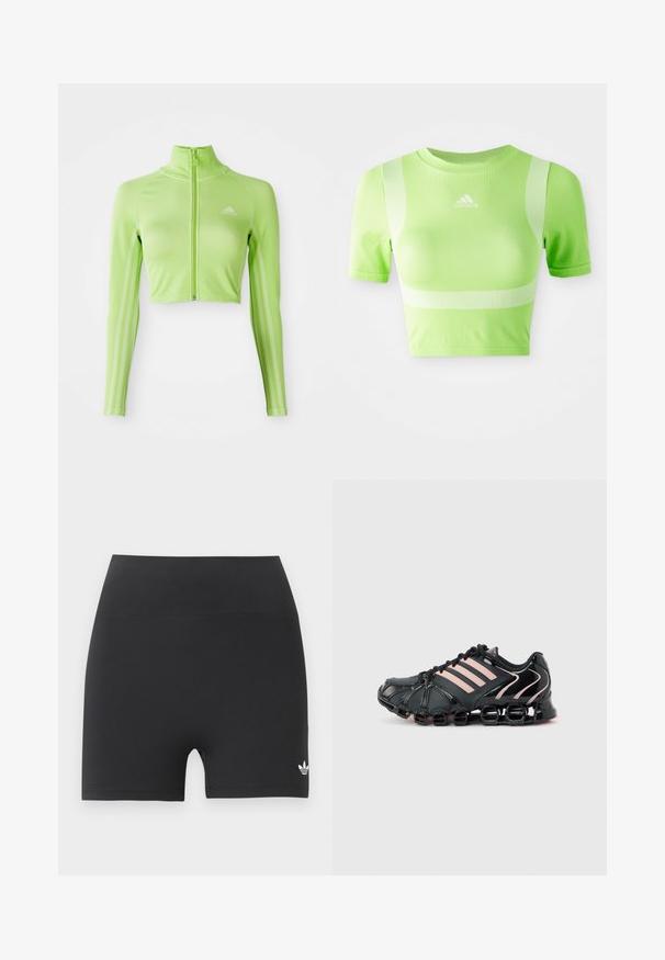 Neon groene langslavage crop athletisch top met rits aan de voorkant, hoge kraag, Adidas-logo op de linkerborst en drie strepen langs de mouwen.; Geknipt sportshirt van helder groene stof. Heeft korte mouwen, een ronde hals en een wit diagonale streepdesign op de schouders. adidas-logo aan de voorkant.; Zwarte high-waisted atletische shorts met een klein wit Adidas trefoil-logo op het onderste rechterbeen tegen een effen achtergrond.; Zwarte sportieve sneaker met roze strepen, een gesegmenteerde gevoerde zool en vetersluiting op een lichtgrijze achtergrond.
