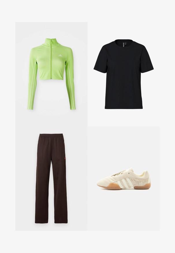 Neon groene langslavage crop athletisch top met rits aan de voorkant, hoge kraag, Adidas-logo op de linkerborst en drie strepen langs de mouwen.; Zwarte T-shirt met korte mouwen, gemaakt van zacht materiaal en met een ronde hals. Eenvoudig ontwerp zonder patronen of accenten, rechte snit aan de onderkant.; Donkerbruine broek met wijde pijpen, elastische tailleband en zijzakken met rits, met een subtiel rood logodetail op het bovenbeen.; Lage beige sneaker met drie witte strepen, gestructureerde suède zijpanelen, rubberen zool en vetersluiting op een effen achtergrond.