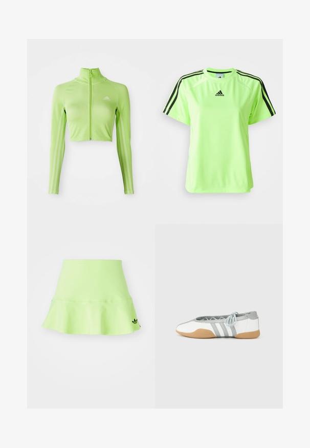 Neón zelený dlhý rukávový skrátený športový top s predným zipsom, vysokým golierom, logom Adidas na ľavej hrudi a tromi pruhmi pozdĺž rukávov.; Neón zelené športové tričko vyrobené z tkaniny s odvodom vlhkosti. Obsahuje čierny dizajn s tromi pruhmi na pleciach a logo umiestnené na hrudi.; adidas Originals SKIRT - Minisukňa - signal green; Biele a sivé balerínky s okrúhlou špičkou a elastickou šnúrkou, s tromi sivými pruhmi a béžovou gumovou podrážkou.