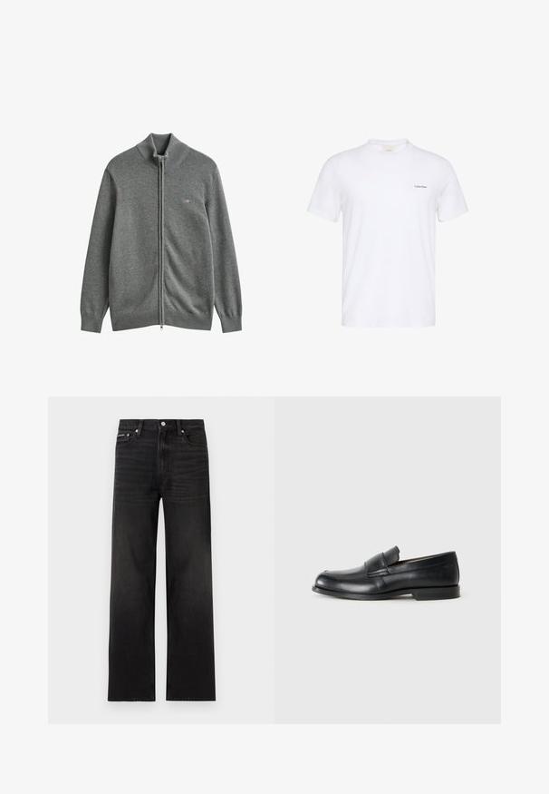 Grau gestrickter Cardigan mit Reißverschluss, gerippten Bündchen, Kragen und Saum, mit kleinem gesticktem Logo auf der linken Brust.; Weißes T-Shirt mit kurzen Ärmeln und Rundhalsausschnitt, mit kleinem schwarzem Calvin Klein-Logo auf der linken Brust.; Schwarze Jeans mit geraden Beinen, fünf Taschen, Gürtelschlaufen und Knopfverschluss, auf weißem Hintergrund dargestellt.; Schwarze Leder-Loeffler mit abgerundetem Zehenbereich, gesteppten Details und einer flachen Gummisohle. Verfügt über ein breites Band über dem Fußrücken.